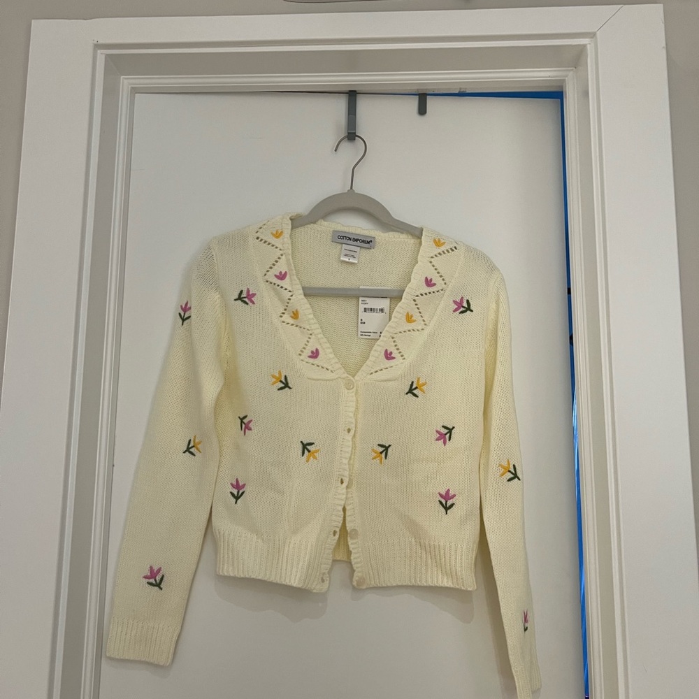 Cotton Emporium Cream Cardigan with Floral Embroidery